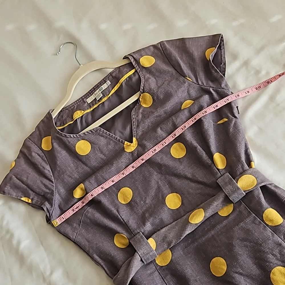 Boden Womens Dress Sz 6 Gray Yellow Polka Dot Belted Sheath Cotton Linen Preppy - Picture 11 of 11
